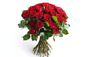 a bouquet of full of red roses and leaves, isolated on white photo