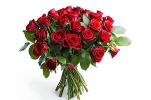 a bouquet of full of red roses and leaves, isolated on white photo