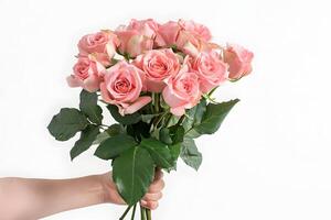 a bouquet of full of red roses and leaves, isolated on white photo