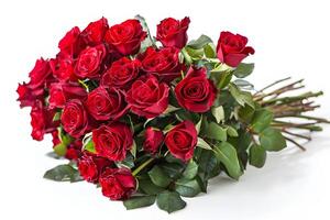 a bouquet of full of red roses and leaves, isolated on white photo