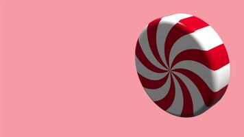 3D animation spinning striped red candy. Striped sugar candy. Striped peppermint candy. Animation for new years day, winter holiday, dessert, new years event video