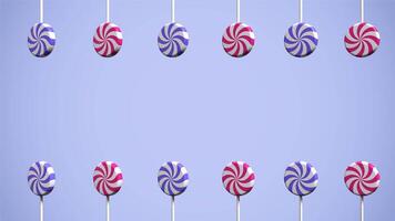 Spiral lollipop animation. Lollipop on stick animation. Striped twisted candy. Move to the left and rotate. Copy space. Seamless 3D animation video