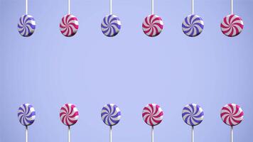 Spiral lollipop animation. Lollipop on stick animation. Striped twisted candy. Move to the left and rotate. Copy space. Seamless 3D animation video