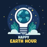 plano diseño tierra hora ilustración con ligero bulbo, dormido planeta y estrellas para póster y bandera vector