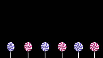 Spiral lollipop animation. Lollipop on stick animation. Striped twisted candy. Move to the left and rotate. Copy space. Seamless 3D animation. Transparent background with alpha channel video