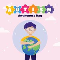 Flat background with a boy hugging the planet. World Autism Awareness Day. vector