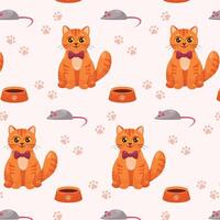 Vector pattern with happy cat, cute animal, tiger cat, with cat food bowl, mouse, cat on the background of cat tracks. Flat design of striped red cat in cartoon style