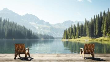 AI generated Two Chairs Facing Each Other on a Wooden Dock, A Peaceful Spot for Conversation and Relaxation photo