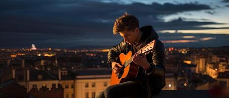 ai generado hombre sentado en parte superior de edificio jugando guitarra foto