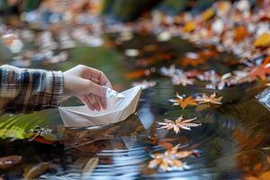 AI generated Person Holding Paper Boat in Water Pond photo