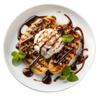 AI generated grilled banana topped with ice cream and chocolate sauce on a white plate png