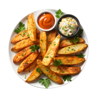 AI generated a plate of potato wedges with mayonnaise and chili sauce png