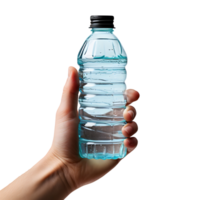 ai generiert Hand halten ein transparent Plastik Mineral Trinken Wasser Flasche png