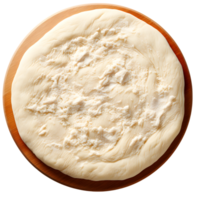 AI generated raw pizza dough without toppings on round wooden cutting board png