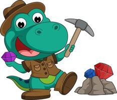 Cute little  dinosaur cartoon diamond miner vector