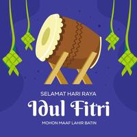 flat vector design hari raya idul fitri illustration. translation happy eid al fitr