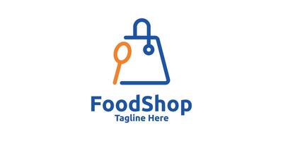 comida tienda logo diseño, compras cucharas y bolsas, logo diseño plantillas, símbolos, creativo ideas vector