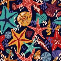 Starfishes, shells and stones flat hand drawn vector seamless pattern. Colorful wallpaper in scandinavian style. Summer sea background. Abstract design for prints, wrap, textile, fabric, decor, cards.