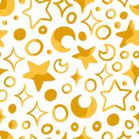 Abstract hand drawn vector seamless pattern. Bright colorful ornament of cute stars, moons, random shapes. Universal design for print, wrap, fabric, textile, wallpapers, background, decoration, cards.