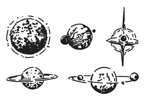 Cosmic space doodles set. Outline drawings of different planets. Astronomy science sketches. Hand drawn vector illustration isolated on white.