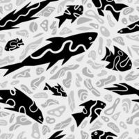 Abstract fishes simple geometric style ornament. Seamless pattern of underwater sea creatures in primitive art style. Hand drawn vector illustration.