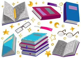 Collection of bright books, glasses, bookmarks, stars. Hand drawn vector illustrations. Cartoon style cliparts isolated on white. Colorful elements for design, prints, stickers, cards, poster, decor.