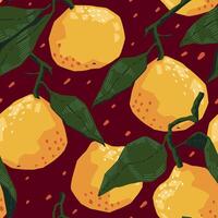 Seamless pattern of tangerines in modern geometric style. Vector illustration of citrus fruits. Mandarin oranges abstract ornament.