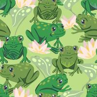 Cute frogs, water lily leaves, swamp plants. Abstract vector seamless pattern. Colored cartoon ornament with animals. Funny design for print, fabric, textile, background, wallpaper, wrap, card, decor.