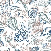 Abstract sea ornament. Sketches of starfishes, shells, stones, seaweed, coral. Vector seamless pattern of underwater life. Retro outline style design.