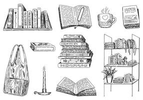 Outline reading set. Collection of books, bookshelf, cup of tea, candle. Hand drawn vector illustrations for a lover of reading. Engraving retro style clip arts isolated on white.