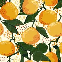 Seamless pattern of tangerines in modern geometric style. Vector illustration of citrus fruits. Mandarin oranges abstract ornament.