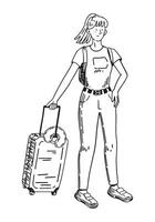 Traveler sketch, tourist clipart. Doodle of woman with suitcase. Hand drawn vector illustration in engraving style.