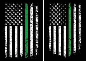 American Distressed Flag With Thin Green Line Vector Template.