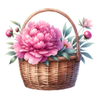 AI generated Pink Peonies in Wicker Basket Illustration. png
