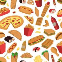 Fast food seamless pattern. Delicious food colored ornament. Cartoon vector illustration. Modern design for decor, wallpaper, background, textile.