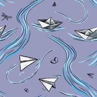 Ornament of origami figures. Decorative background with paper planes and boats sketches. Abstract creative vector seamless pattern.