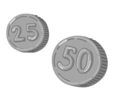 25 and 50 silver coins doodle. Vector illustration of money. Cartoon clipart isolated on white background.