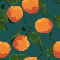 Seamless pattern of tangerines in modern geometric style. Vector illustration of citrus fruits. Mandarin oranges abstract ornament.