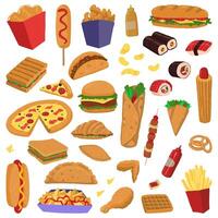 Set of fast food doodles. Collection of varied delicious food. Hand drawn vector illustration in flat style. Cartoon cliparts isolated on white background.