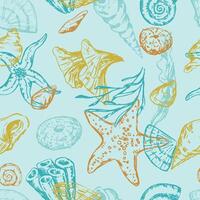 Abstract sea ornament. Sketches of starfishes, shells, stones, seaweed, coral. Vector seamless pattern of underwater life. Retro outline style design.