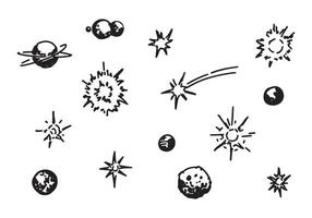 Cosmic space doodles set. Outline drawings of planets, stars, comet. Simple astronomy sketches. Hand drawn vector illustration isolated on white.