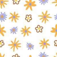 Cute flower doodles hand drawn vector seamless pattern. Colorful background in vintage style. Universal simple design for print, wallpaper, wrapping paper, card, textile, fabric, decoration.