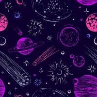 Cosmic space seamless pattern. Abstract ornament of planets, stars, comets, asteroids, galaxies. Hand drawn vector astronomy illustrations.