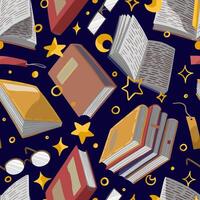 Seamless pattern of bright books, glasses, bookmarks, stars. Hand drawn vector illustrations. Colored cartoon ornament. Reading design for fabric, textile, background, wallpaper, print, decor, wrap.