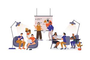 Coworking office concept with character scene for web. Women and men employees working and brainstorming in open space. People situation in flat design. Vector illustration for marketing material.