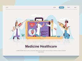 Medicine healthcare web concept for landing page in flat design. Doctor and nurse diagnosis patients, examine cardiogram, making treatment. Vector illustration with people scene for website homepage