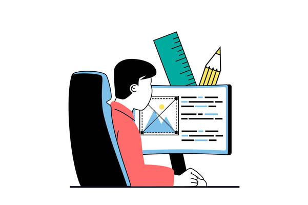 Designer agency concept with people scene in flat web design. Man works with drawing tools at computer and placing image at homepage. Vector illustration for social media banner, marketing material.