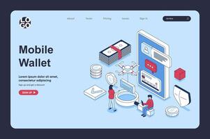 Mobile wallet app concept in 3d isometric design for landing page template. People managing personal financial accounts and credit cards, using online banking service. Vector illustration for web