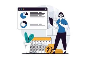 Business making concept with people scene in flat design for web. Woman planning strategy, analysis graph, making tasks in calendar. Vector illustration for social media banner, marketing material.