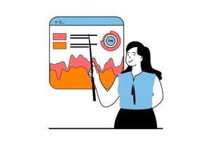 Data analysis concept with people scene in flat web design. Woman researching graphs and showing at charts at financial presentation. Vector illustration for social media banner, marketing material.